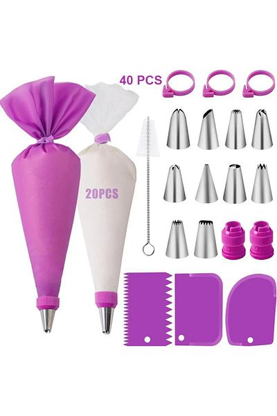 Choice 40purple Piping Bags And Tips Set Cake Diy Decorating Kit With Stainless Steel Nozzle Reusable Silic