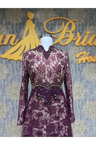 MODA Bordo Krem Dantel Beli Taşlı Tesettür Abiye Elbise