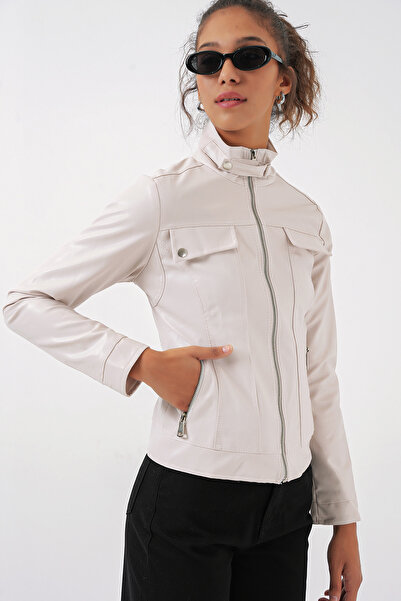 Bigdart 1024 Stand Collar Leather Coat - Ecru