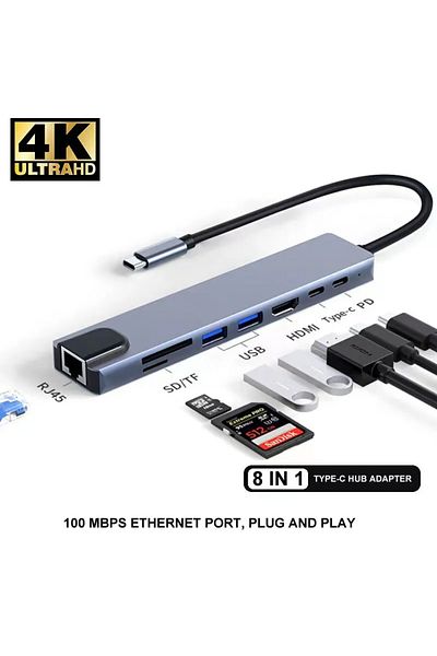 Choice محول USB 8 في 1 من النوع C 3.1 إلى 4K HDMI Hub باللون الرمادي مع قارئ بطاقات SD وTF وRJ45 وPD وشحن سريع لأجهزة Mac