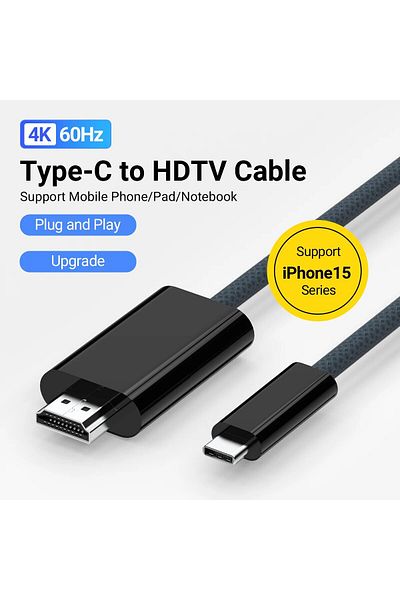 Choice كابل من النوع C إلى HDMI من النايلون المنسوج باللون الأسود 4K 60 هرتز 4K - 1.8 متر/70.86 بوصة لسلسلة Iphone 15/macbook Pro/air،