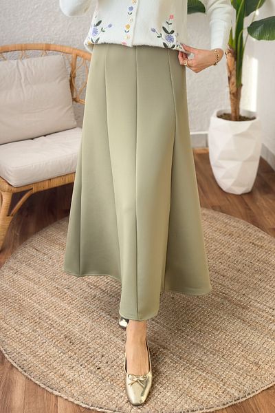Salih Çelebi Scuba Fabric Segmented Skirt 2209 - Ανοιχτό Χακί