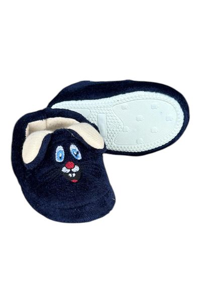 İpek Navy Blue Silk Children's Shoes - Rabbit, Plush Fluffy, Non-Slip Sole Slippers
