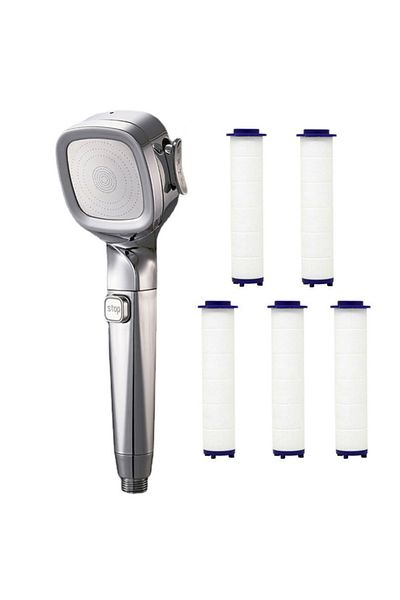 IOUHAPPY Sliver With 5 Filter 4 Modes High Pressure Shower Head With Switch On Off Button Sprayer Water Savin