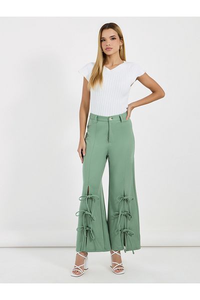Styli High Rise Split Hem Wide Leg Knotted Pants