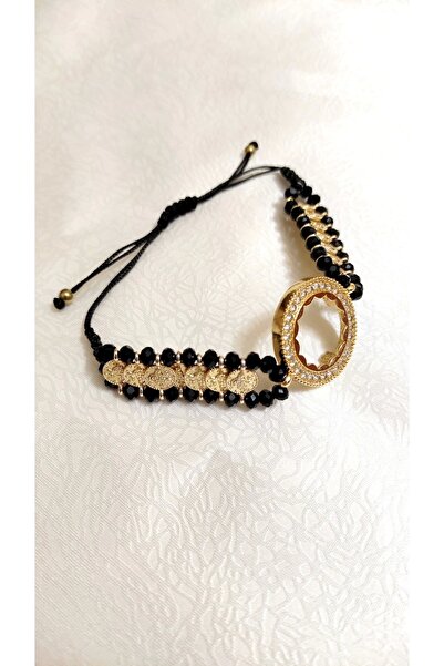 FATİH DİZAYN Çerçeve Içine Çeyrek Altın Takılan Siyah Taş Dorikalı Bileklik