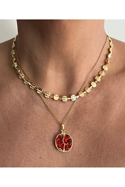 tones official Çelik Zincirli Bolluk/ Bereket Temalı Kırmızı Nar Kolye