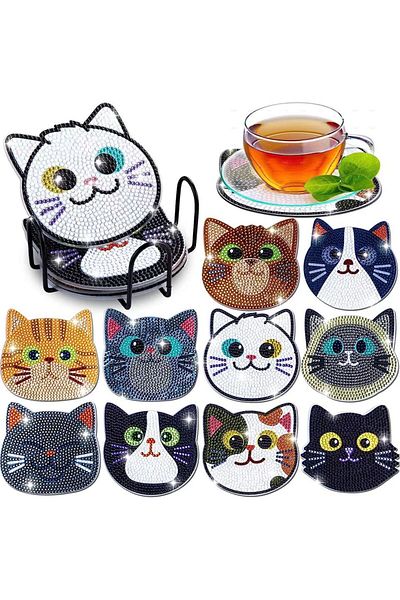 Choice Bd012 10pcs Diamond Painting Coasters Set, Diy Cartoon Cat Pattern Round Coasters 10x10cm/3.93x3.93i