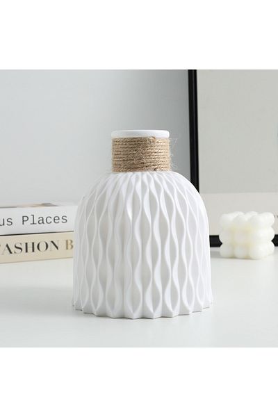 Choice White 1pc Pineapple Pattern Twine Imitation Ceramic Plastic Vase Simple Water Wave Pattern Flower Ar