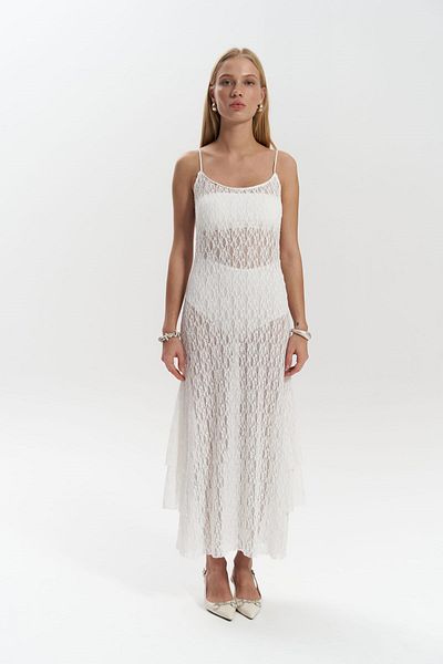 MAİ COLLECTİON Ecrufarbenes langes Kleid mit Handspitze