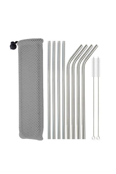 Choice 8pcs Silver Reusable Metal Straws 304 Stainless Steel Sturdy Bent Straight Drinking Straw With Clean