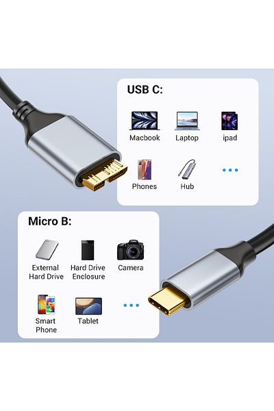 Choice 2m NIERBO USB C to Micro B Cord Hard Drive Cables Braided USB 3.0 Type C Male to Micro B Male Cable