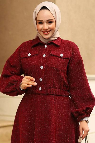 Tesettür Diyarı Γυναικείο Σετ Κοστούμι Hijab με Πέτρινο Κουμπί Διπλή Τσέπη Tweed Φούστα