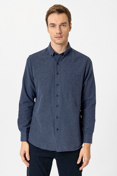 SÜVARİ Ανδρικό χειμερινό πουκάμισο Cavalry Loose Fit Navy Blue Plain Flannel με τσέπες
