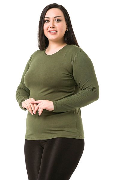 DISENTIS MODEST Large Size Crew Neck Long Sleeve Viscose Khaki Body