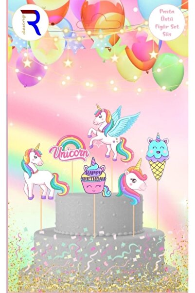 Cadde Süs Unicorn Temalı Pasta Üstü Karakter Set Süs