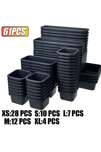 XMSJ 61pcs 61/45/34/24/9pcs Desk Drawer Organizers 5 Size Interlocking Shallow Tool Organizer Tray Divide