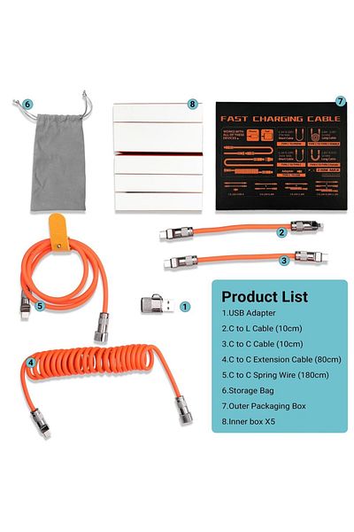 Choice orange 1.8m PD 240W Fast Charging Cable Set with USB A Adapter+C to LT Cable+C to C Extension/Spring
