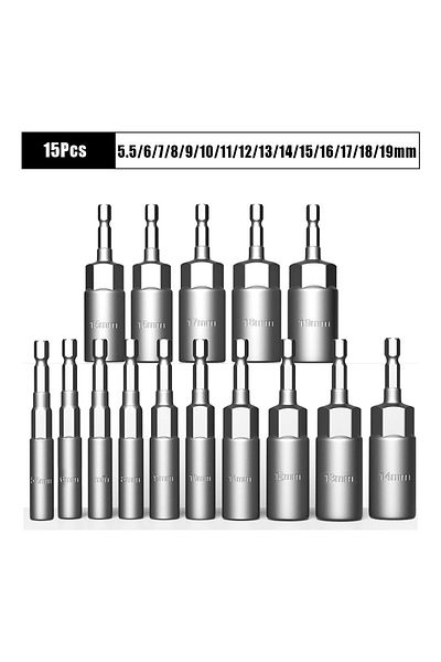 Binoax 15pcs 10/15pcs Length Deepen Impact Socket Adapter 5.5-19mm Power Nut Driver Socket Set 1/4-inch Scr
