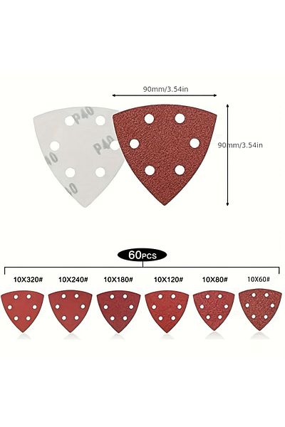 Choice 60pcs 60pcs Triangle Sanding Pads - 6 Holes, 60/80/120/180/240/320 Grits For Delta Sanders/multi-san