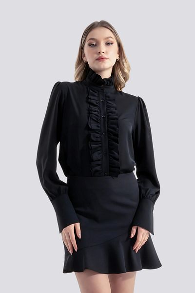HOX'S Julieta |   Cămașă de designer Gâtul judecător Manșetă cu mânecă lungă și guler cu volane - negru