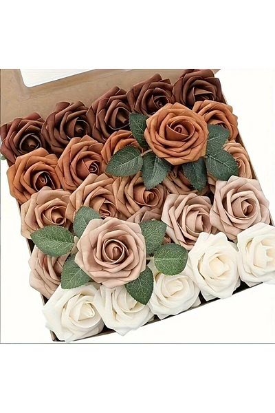 Choice Earth Tones Artificial Flowers 25pcs Real Looking Burnt Orange Ombre Colors Foam Fake Roses With Ste