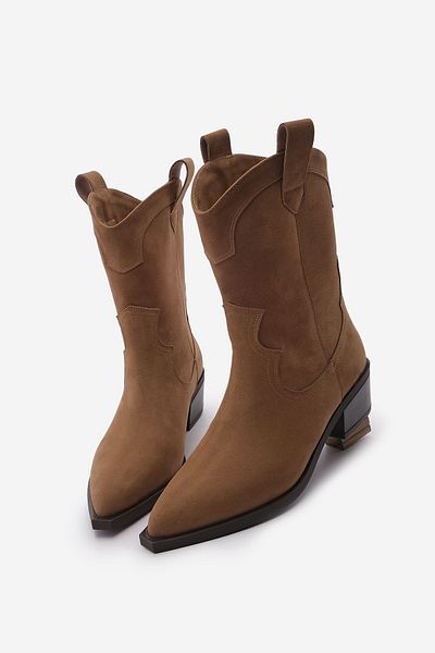 Marjin Tan Suede Women's Western Boots - Pointed Toe and Stitching Detail