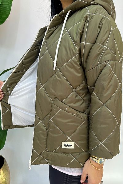 GÖKSEL Khaki Plus Size Quilted Coat - Checkered Design