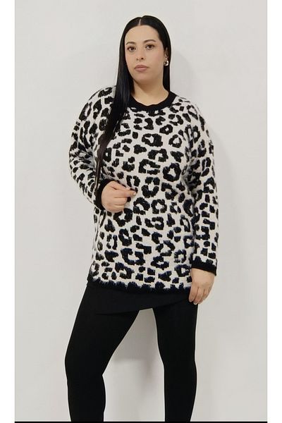 AKŞEN GİYİM Pulover de damă, moale, elastic, cu imprimeu leopard, cu efect de lână, lungime 50 cm