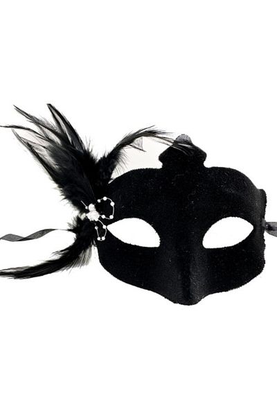 Mu Art Ahşap Black Suede Feather White Pearl Party Mask
