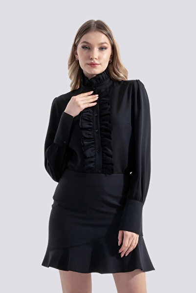 HOX'S Juliet | Tasarım Gömlek Hakim Yaka Manşetli Uzun Kollu Yakası Ve Patı Fırfırlı - Siyah