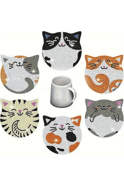 Choice Aa1625 6 Pieces/set Diy Cat Rhinestone Painted Mosaic Drink Coaster, Wooden Non-slip Placemat, No St