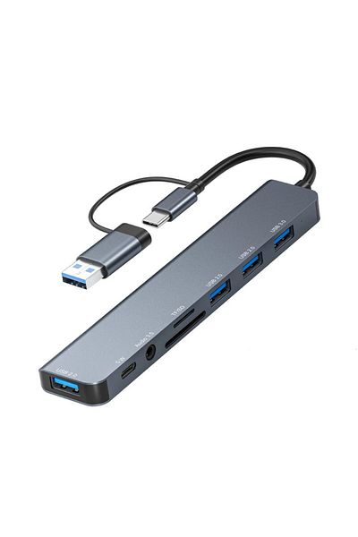 Choice موزع USB C باللون الرمادي مع منفذ USB 3.0، مع منفذ USB 3.0 واحد، و3 منافذ USB 2.0، ومنفذ USB C واحد، وقارئ بطاقات SD/TF، ومنفذ Aux Po مقاس 3.5 مم