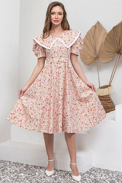 KÜÇÜĞÜM BUTİK Vintage πούδρα Floral γιακάς Ποπλίνα Midi Μήκος Flared Φόρεμα