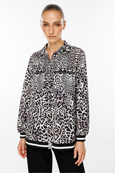 Moda İlgi Modailgi  İnci Detaylı Leopar Desen Ribanalı Gömlek Siyah