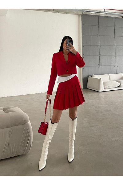 LB Laluna Butik Women's Red Blazer Set with Jacket and Skirt Detail