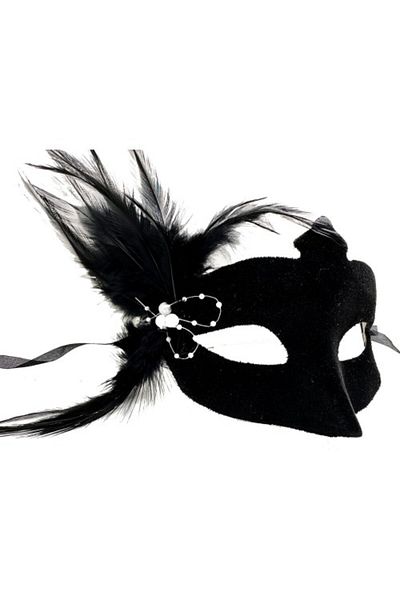 Mu Art Ahşap Black Suede Feather White Pearl Party Mask