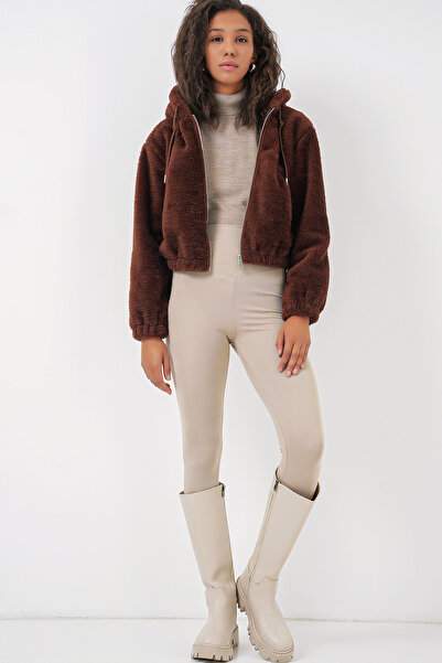 Bigdart 5193 Kapüşonlu Peluş Crop Ceket - Kahverengi