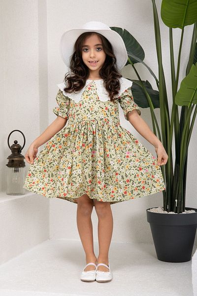 KÜÇÜĞÜM BUTİK Vintage Scallop λαιμόκοψη πράσινο πάτωμα πολύχρωμο φλοράλ κοριτσίστικο φόρεμα