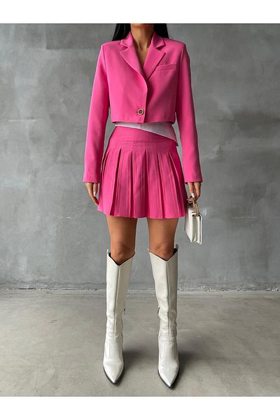 LB Laluna Butik Women's Pink Blazer Set with Jacket and Skirt Detail