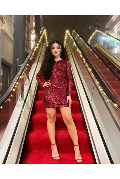 unique rain Kadın Bordo Sırt Dekolteli Pullu Elbise