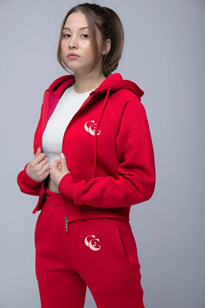 C&C OKULCUNUZ Kadın basic 3 iplik şardonlu kışlık kırmızı eşofman takım baskılı