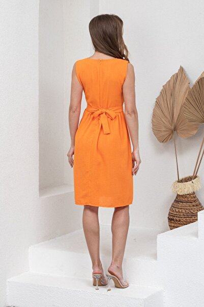 KÜÇÜĞÜM BUTİK Orange Linen Cotton Sleeveless Dress