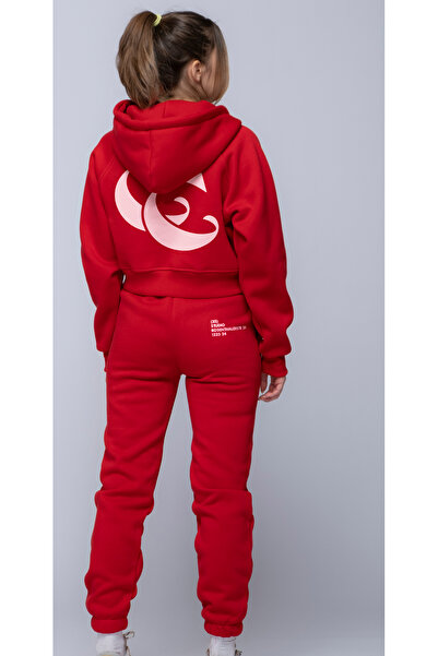 C&C OKULCUNUZ Kadın basic 3 iplik şardonlu kışlık kırmızı eşofman takım baskılı