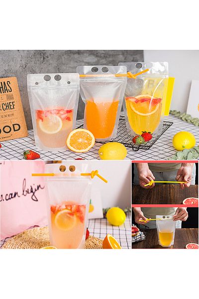 Choice 500ml 50pcs Plastic Liquid Bag 50pcs Straw Juice Coffee Drinks Kitchen Vertical Seal Pouches Frost