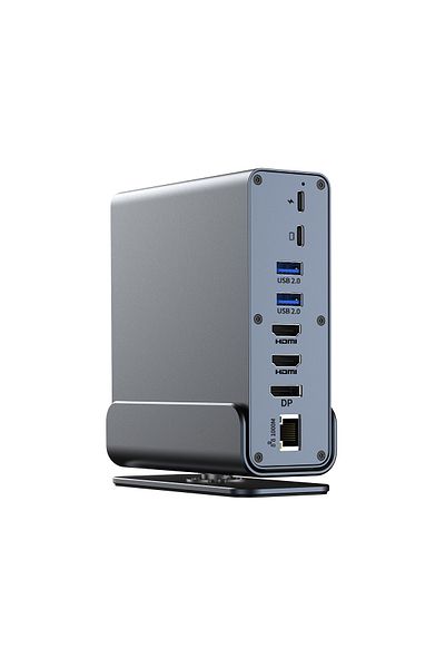 Choice محطة إرساء USB-C 15 في 1 رمادية اللون مع موزع عمودي عالي الدقة 4K مع شاشة ثلاثية، RJ45 1000 متر، USB 3.0/2.0، PD