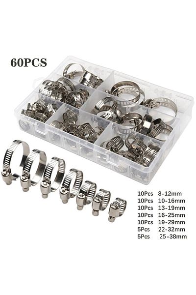 YISEONG 60pcs 8-38mm Adjustable Stainless Steel Screw Band Hose Clamps Car Fuel Hose Clamps Pipe Clamp Wo...
