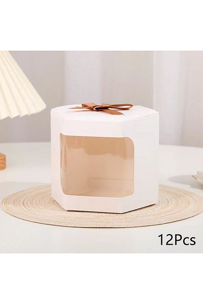 Choice 7x7x7cm White 12pcs Kraft Paper Ribbon Candy Cookies Box Transparent Window Brown Handmade Gift Pack