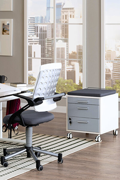 Creo Mobili Yüksekliği Ayarlanabilir Montessori Masa + Sandalye + Keson + Tabure - Beyaz/Gri - Vega Premium