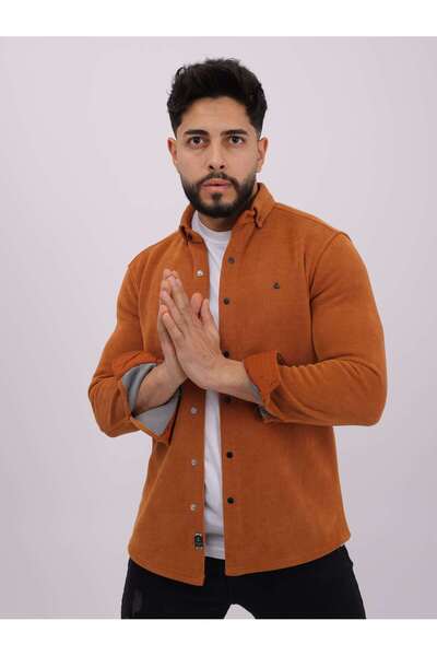 cliento Erkek Kiremit Slim Fit Likralı Fitilli Kadife Kumaş İçi Polarlı Gömlek